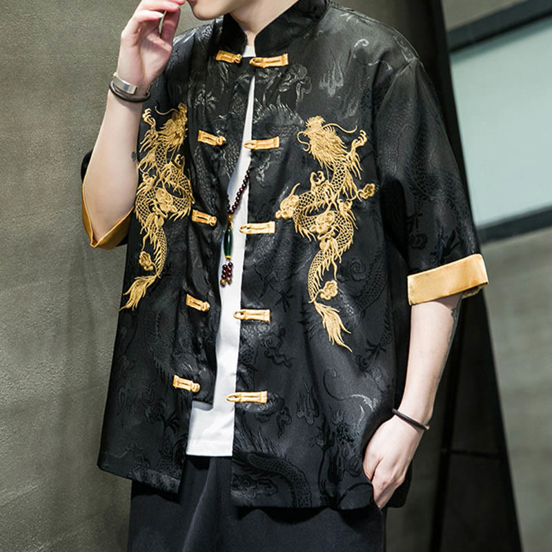 Chemise à manches mi-longues en lin avec broderie de dragon chinois et boutons de grenouille Buddha Stones Vêtements pour hommes