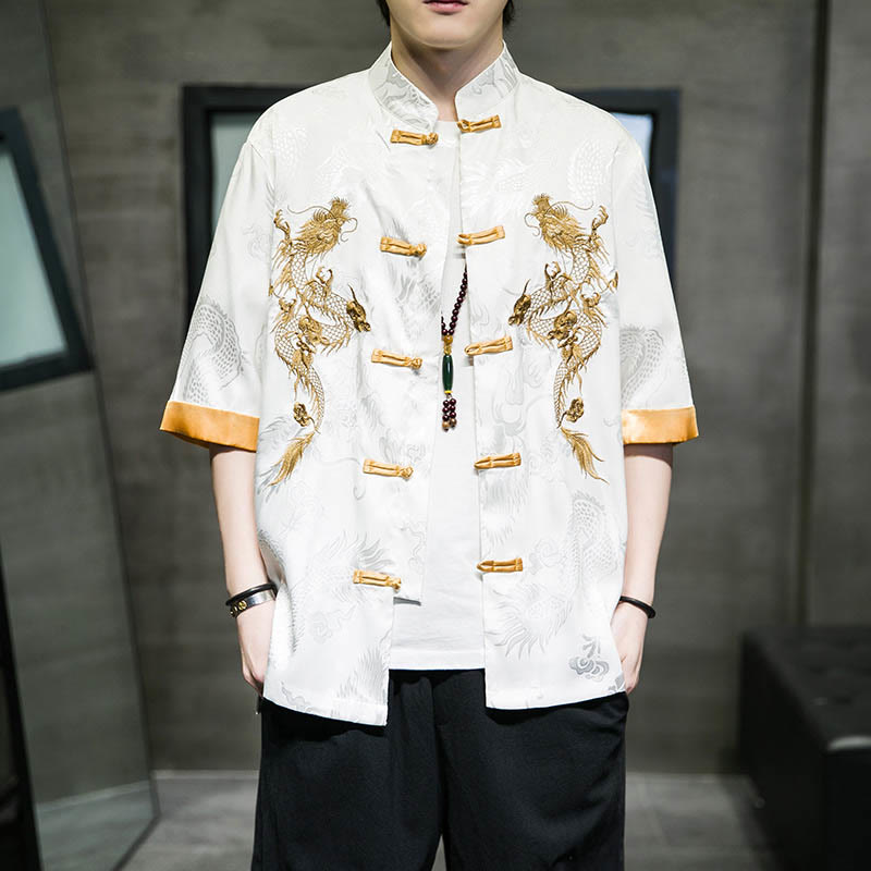 Chemise à manches mi-longues en lin avec broderie de dragon chinois et boutons de grenouille Buddha Stones Vêtements pour hommes