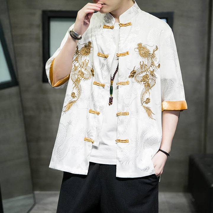 Chemise à manches mi-longues en lin avec broderie de dragon chinois et boutons de grenouille Buddha Stones Vêtements pour hommes