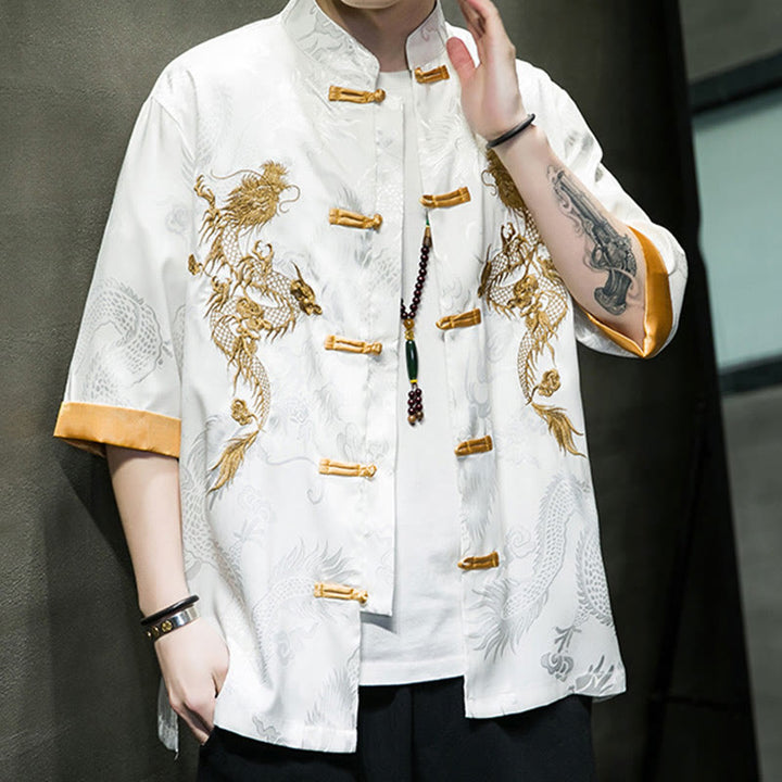 Chemise à manches mi-longues en lin avec broderie de dragon chinois et boutons de grenouille Buddha Stones Vêtements pour hommes