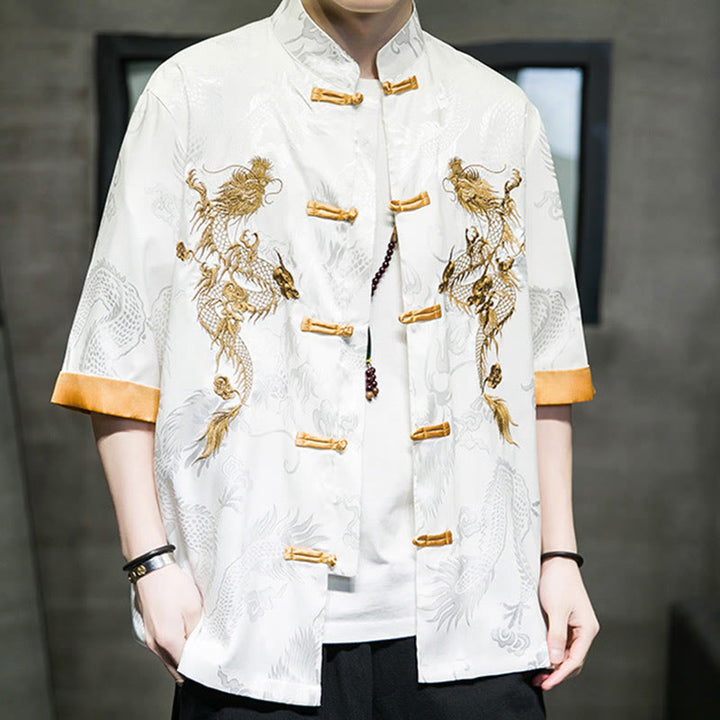 Chemise à manches mi-longues en lin avec broderie de dragon chinois et boutons de grenouille Buddha Stones Vêtements pour hommes