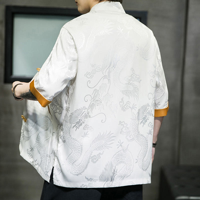 Chemise à manches mi-longues en lin avec broderie de dragon chinois et boutons de grenouille Buddha Stones Vêtements pour hommes