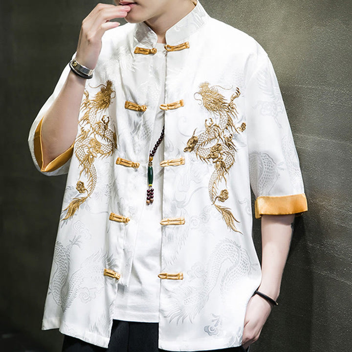 Chemise à manches mi-longues en lin avec broderie de dragon chinois et boutons de grenouille Buddha Stones Vêtements pour hommes