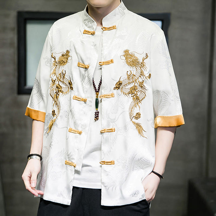 Chemise à manches mi-longues en lin avec broderie de dragon chinois et boutons de grenouille Buddha Stones Vêtements pour hommes
