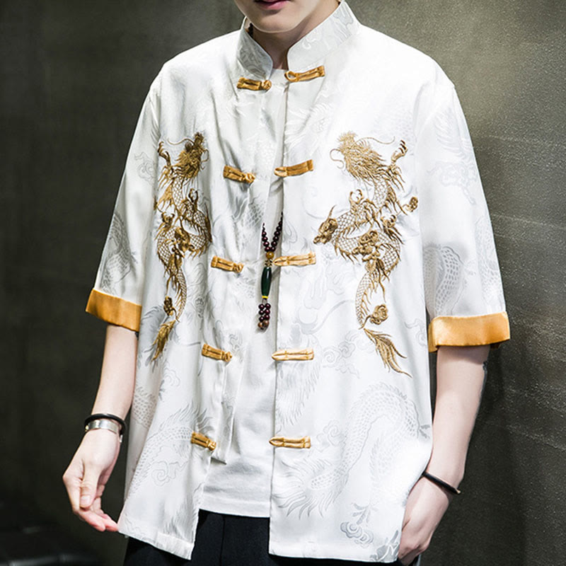 Chemise à manches mi-longues en lin avec broderie de dragon chinois et boutons de grenouille Buddha Stones Vêtements pour hommes