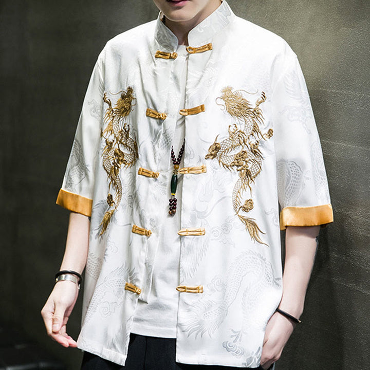 Chemise à manches mi-longues en lin avec broderie de dragon chinois et boutons de grenouille Buddha Stones Vêtements pour hommes