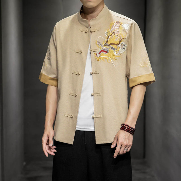 Chemise à manches mi-longues en coton et lin avec broderie de nuages ​​de bon augure et dragon chinois à boutons de grenouille et Buddha Stones - image 27