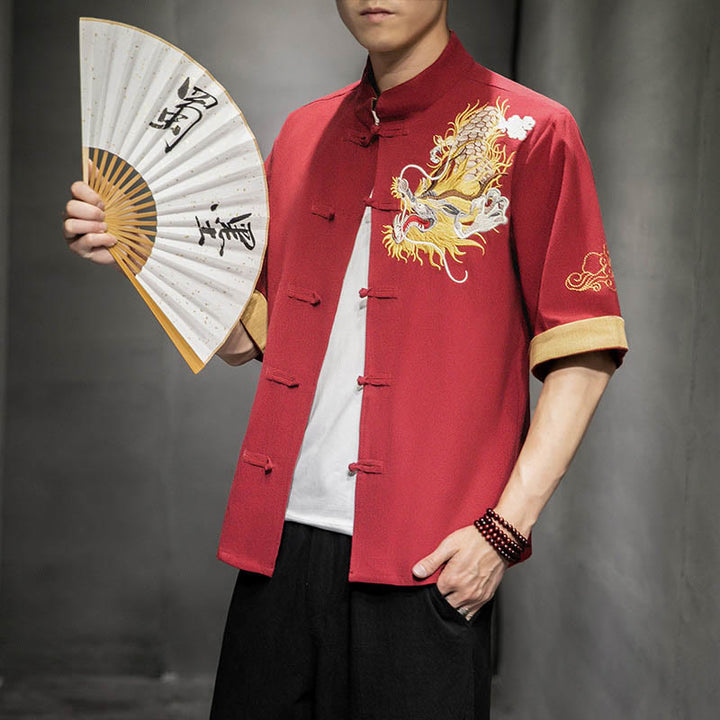 Chemise à manches mi-longues en coton et lin avec broderie de nuages ​​de bon augure et dragon chinois à boutons de grenouille et Buddha Stones - image 13