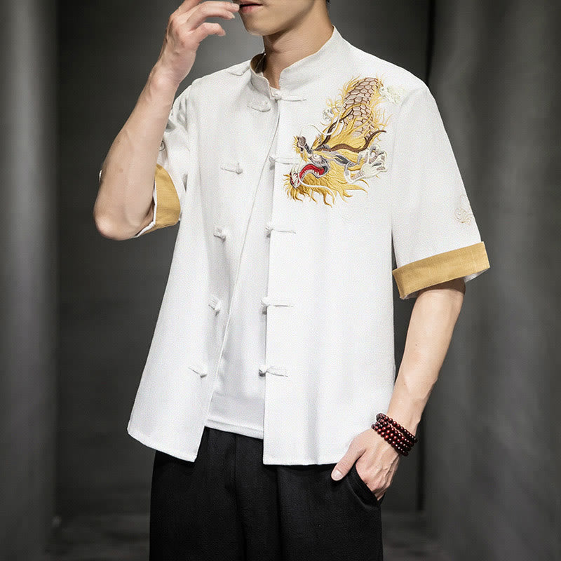Chemise à manches mi-longues en coton et lin avec broderie de nuages ​​de bon augure et dragon chinois à boutons de grenouille et Buddha Stones - image 25