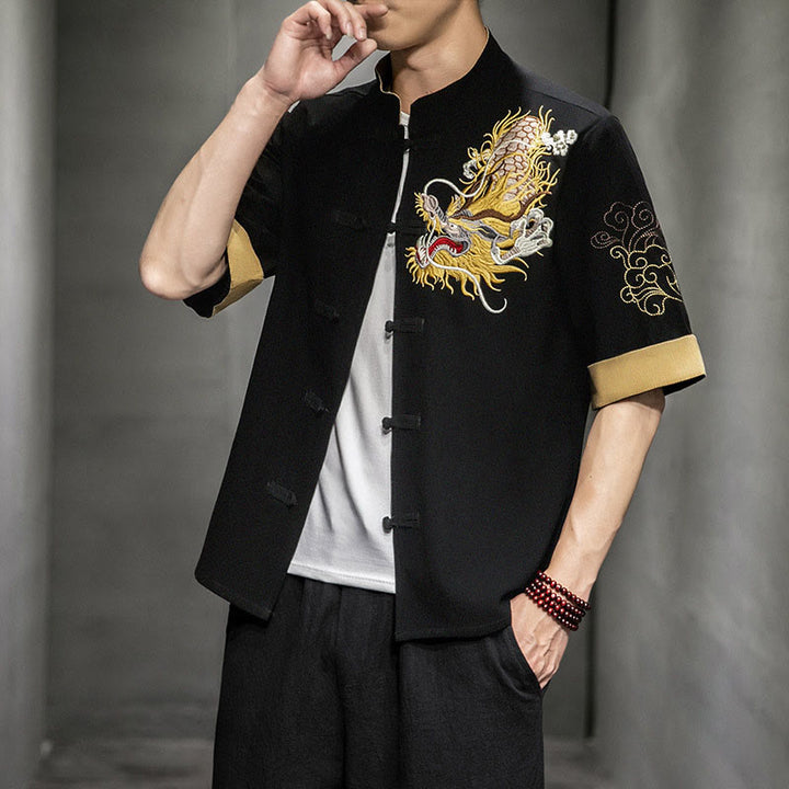 Chemise à manches mi-longues en coton et lin avec broderie de nuages ​​de bon augure et dragon chinois à boutons de grenouille et Buddha Stones - image 5