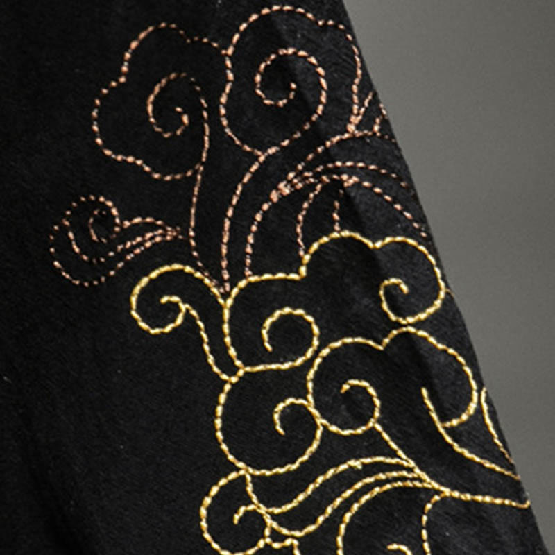 Chemise à manches mi-longues en coton et lin avec broderie de nuages ​​de bon augure et dragon chinois à boutons de grenouille et Buddha Stones - image 10
