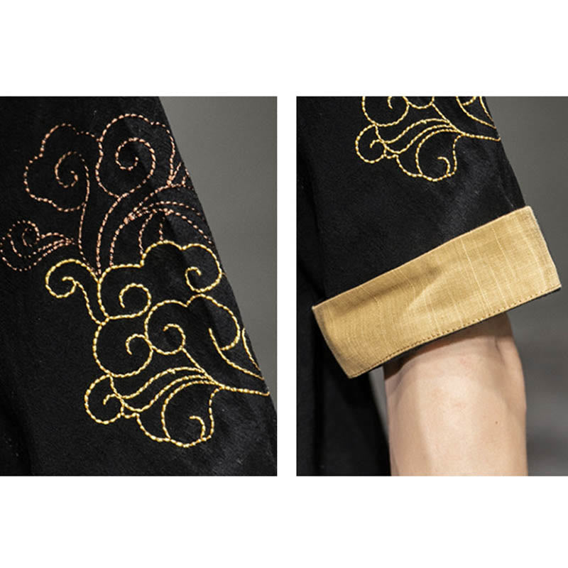 Chemise à manches mi-longues en coton et lin avec broderie de nuages ​​de bon augure et dragon chinois à boutons de grenouille et Buddha Stones - image 11