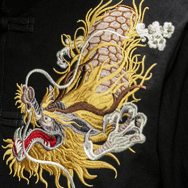 Chemise à manches mi-longues en coton et lin avec broderie de nuages ​​de bon augure et dragon chinois à boutons de grenouille et Buddha Stones - image 7