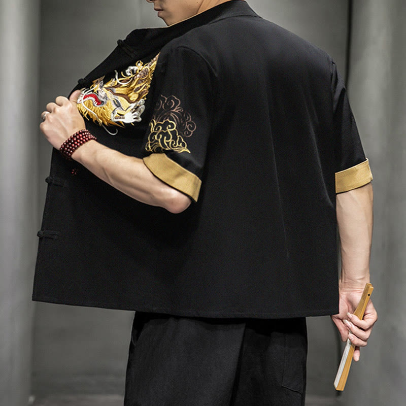 Chemise à manches mi-longues en coton et lin avec broderie de nuages ​​de bon augure et dragon chinois à boutons de grenouille et Buddha Stones - image 2