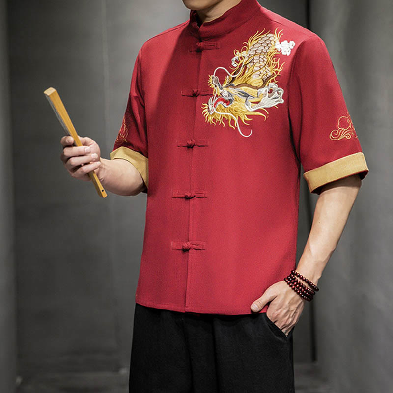 Chemise à manches mi-longues en coton et lin avec broderie de nuages ​​de bon augure et dragon chinois à boutons de grenouille et Buddha Stones - image 16