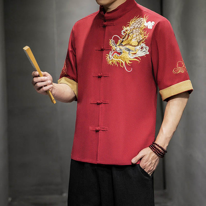 Chemise à manches mi-longues en coton et lin avec broderie de nuages ​​de bon augure et dragon chinois à boutons de grenouille et Buddha Stones - image 16