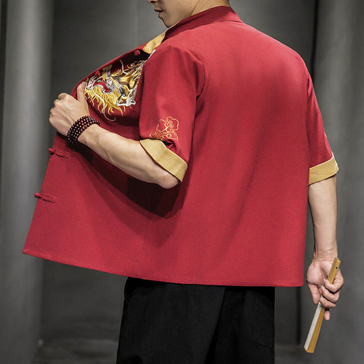 Chemise à manches mi-longues en coton et lin avec broderie de nuages ​​de bon augure et dragon chinois à boutons de grenouille et Buddha Stones - image 14