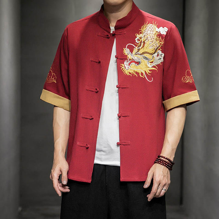 Chemise à manches mi-longues en coton et lin avec broderie de nuages ​​de bon augure et dragon chinois à boutons de grenouille et Buddha Stones - image 17