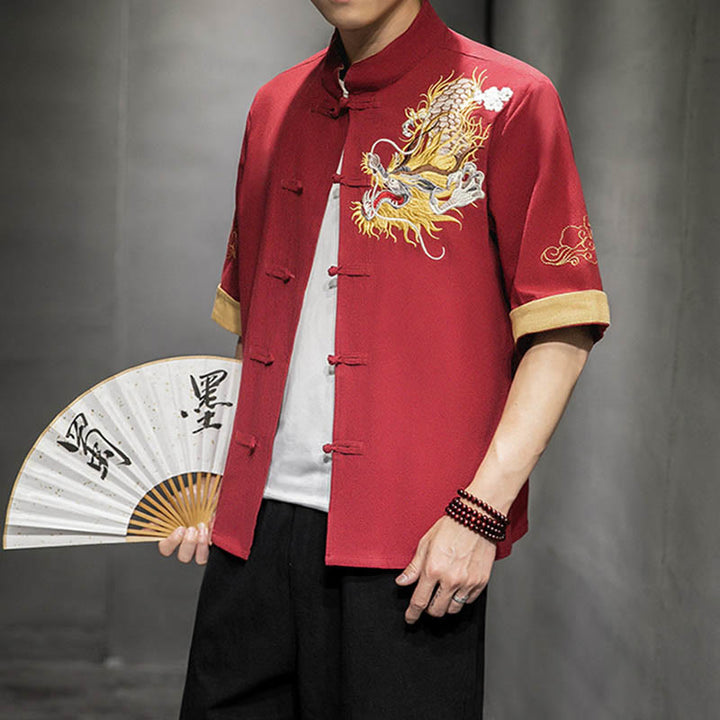 Chemise à manches mi-longues en coton et lin avec broderie de nuages ​​de bon augure et dragon chinois à boutons de grenouille et Buddha Stones - Tomate - États-Unis/Royaume-Uni/AU 44, EU54 (5XL)  - image 12