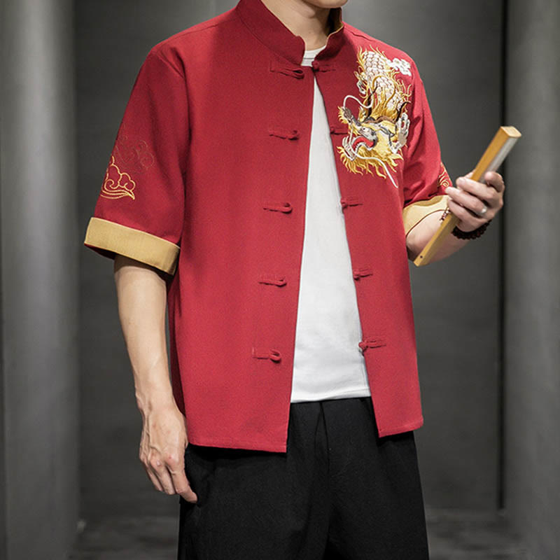 Chemise à manches mi-longues en coton et lin avec broderie de nuages ​​de bon augure et dragon chinois à boutons de grenouille et Buddha Stones - image 15