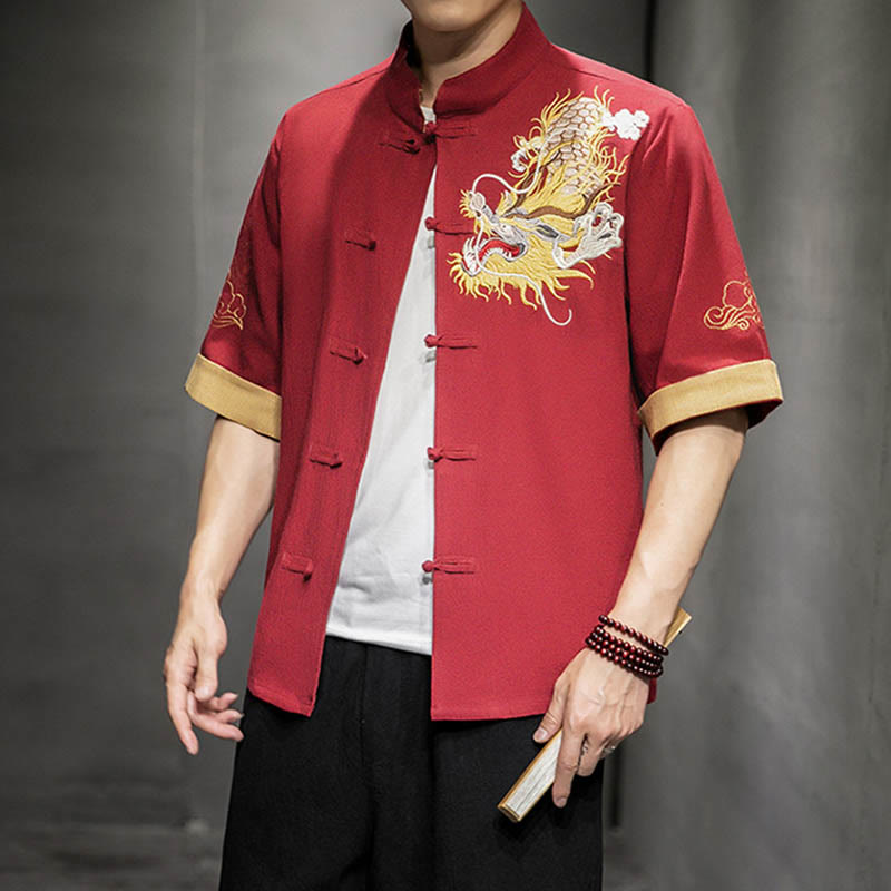 Chemise à manches mi-longues en coton et lin avec broderie de nuages ​​de bon augure et dragon chinois à boutons de grenouille et Buddha Stones - image 18