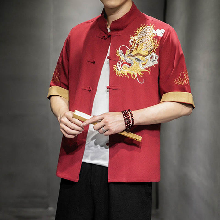 Chemise à manches mi-longues en coton et lin avec broderie de nuages ​​de bon augure et dragon chinois à boutons de grenouille et Buddha Stones - image 19