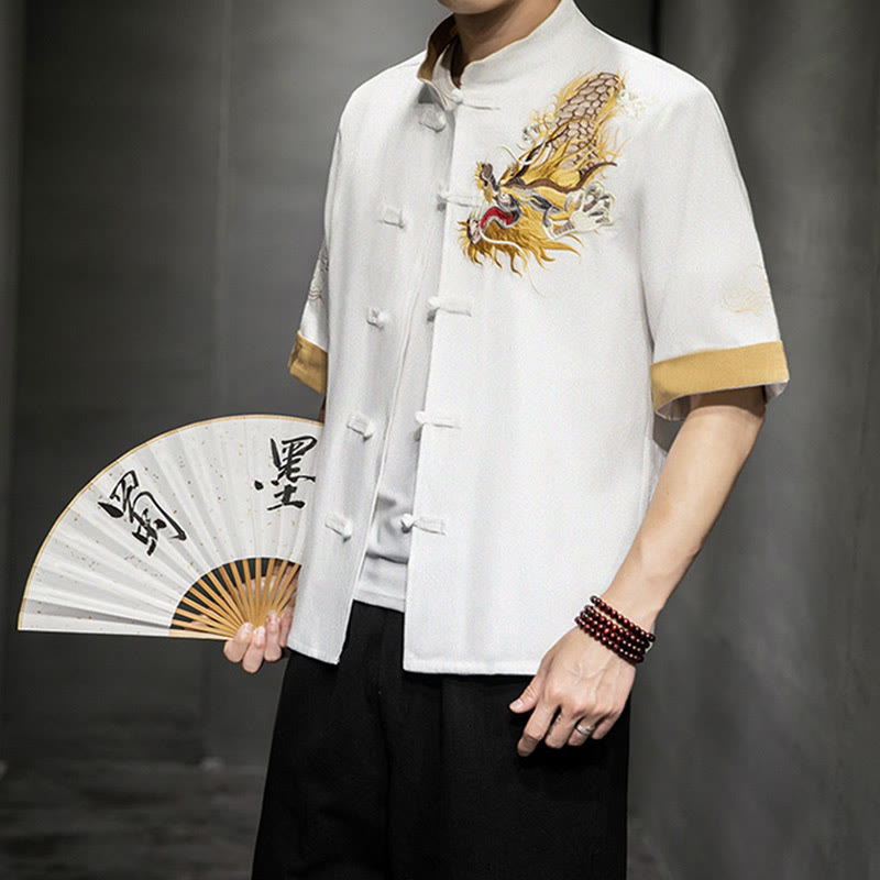 Chemise à manches mi-longues en coton et lin avec broderie de nuages ​​de bon augure et dragon chinois à boutons de grenouille et Buddha Stones - Blanc - US/UK/AU44，EU54 (5XL)  - image 20