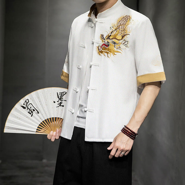 Chemise à manches mi-longues en coton et lin avec broderie de nuages ​​de bon augure et dragon chinois à boutons de grenouille et Buddha Stones - Blanc - US/UK/AU44，EU54 (5XL)  - image 20