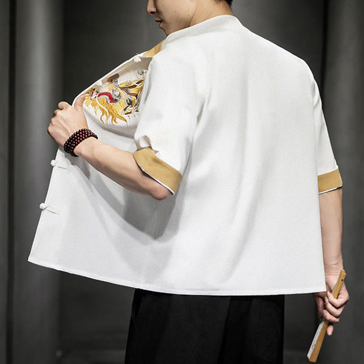 Chemise à manches mi-longues en coton et lin avec broderie de nuages ​​de bon augure et dragon chinois à boutons de grenouille et Buddha Stones - image 22