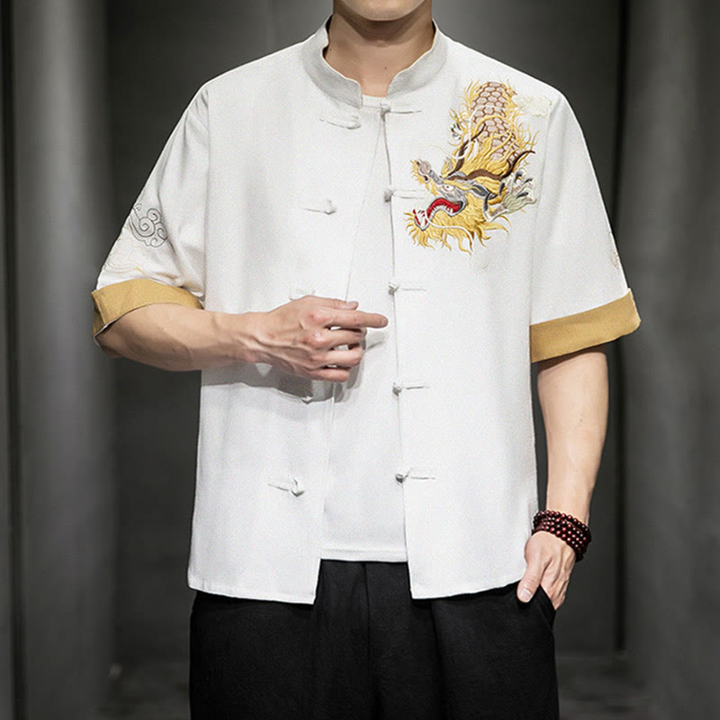 Chemise à manches mi-longues en coton et lin avec broderie de nuages ​​de bon augure et dragon chinois à boutons de grenouille et Buddha Stones - image 23