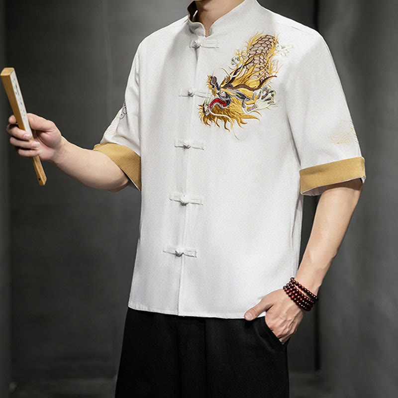 Chemise à manches mi-longues en coton et lin avec broderie de nuages ​​de bon augure et dragon chinois à boutons de grenouille et Buddha Stones - image 24