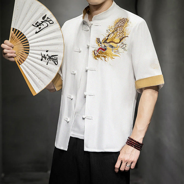 Chemise à manches mi-longues en coton et lin avec broderie de nuages ​​de bon augure et dragon chinois à boutons de grenouille et Buddha Stones - image 21