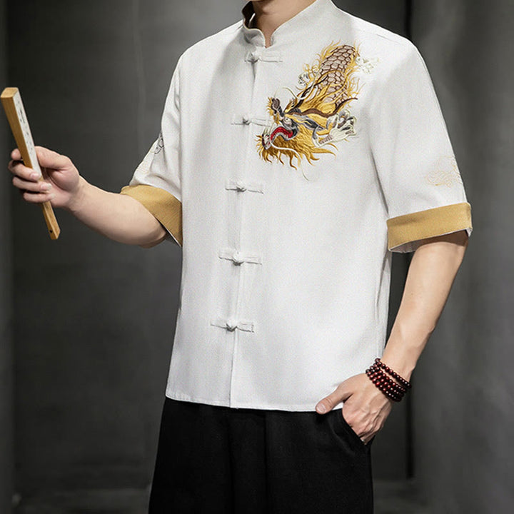 Chemise à manches mi-longues en coton et lin avec broderie de nuages ​​de bon augure et dragon chinois à boutons de grenouille et Buddha Stones - image 24