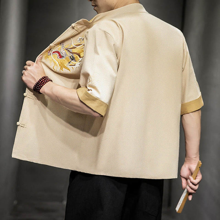 Chemise à manches mi-longues en coton et lin avec broderie de nuages ​​de bon augure et dragon chinois à boutons de grenouille et Buddha Stones - image 28
