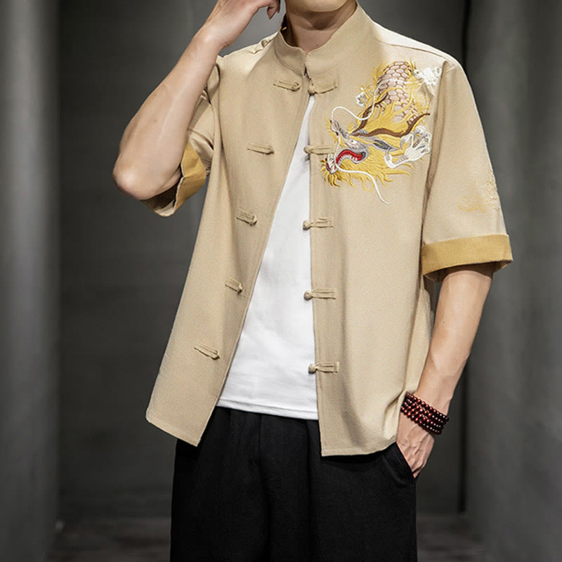 Chemise à manches mi-longues en coton et lin avec broderie de nuages ​​de bon augure et dragon chinois à boutons de grenouille et Buddha Stones - image 31