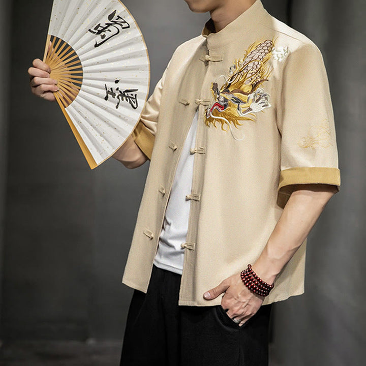 Chemise à manches mi-longues en coton et lin avec broderie de nuages ​​de bon augure et dragon chinois à boutons de grenouille et Buddha Stones - image 29