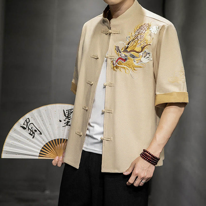 Chemise à manches mi-longues en coton et lin avec broderie de nuages ​​de bon augure et dragon chinois à boutons de grenouille et Buddha Stones - Lin - US/UK/AU44，EU54 (5XL)  - image 26