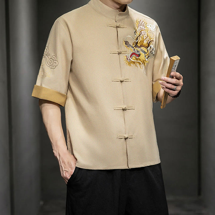 Chemise à manches mi-longues en coton et lin avec broderie de nuages ​​de bon augure et dragon chinois à boutons de grenouille et Buddha Stones - image 30