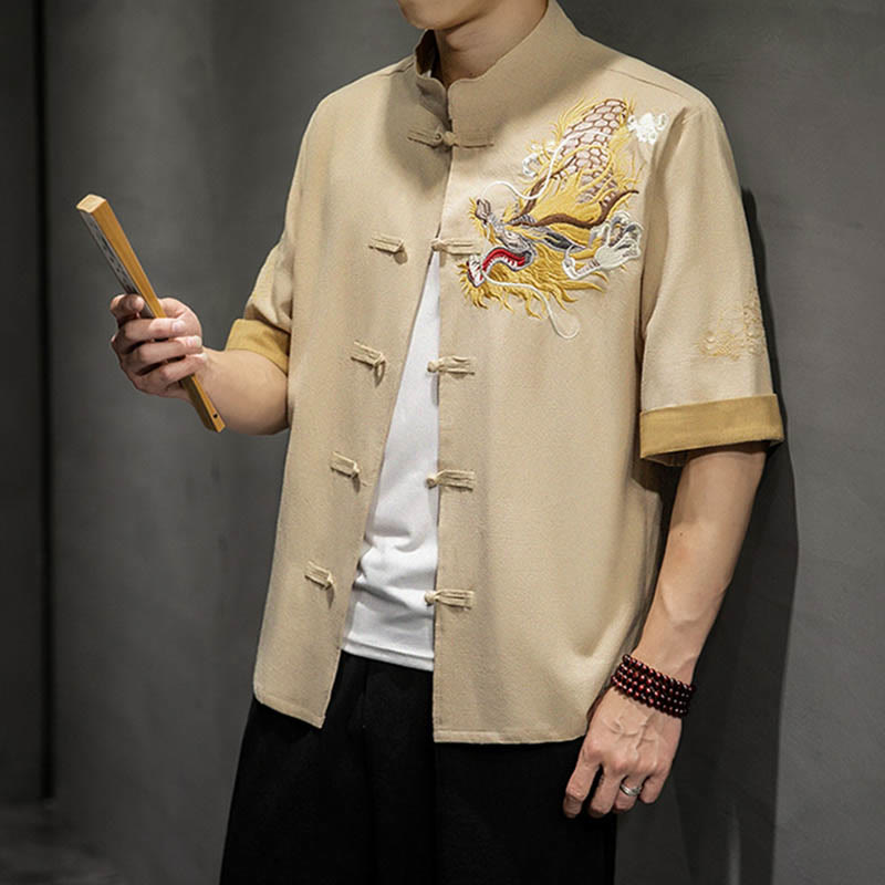 Chemise à manches mi-longues en coton et lin avec broderie de nuages ​​de bon augure et dragon chinois à boutons de grenouille et Buddha Stones - image 32