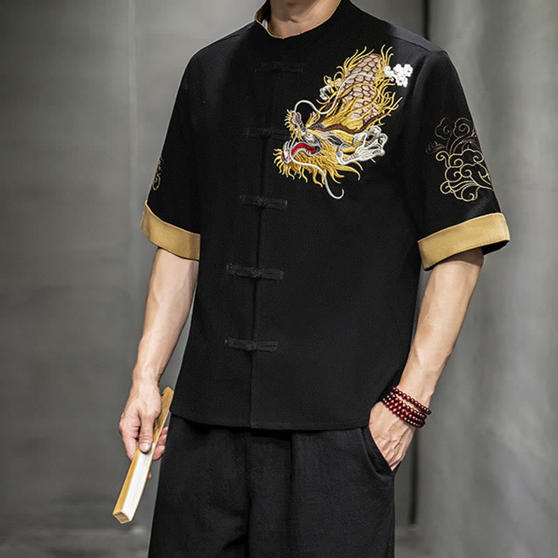 Chemise à manches mi-longues en coton et lin avec broderie de nuages ​​de bon augure et dragon chinois à boutons de grenouille et Buddha Stones - image 6