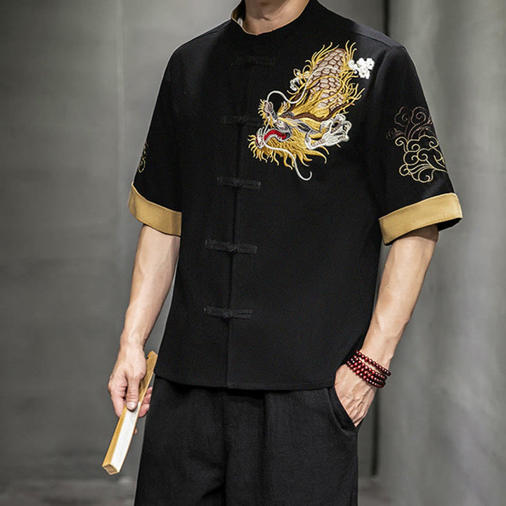 Chemise à manches mi-longues en coton et lin avec broderie de nuages ​​de bon augure et dragon chinois à boutons de grenouille et Buddha Stones - image 6