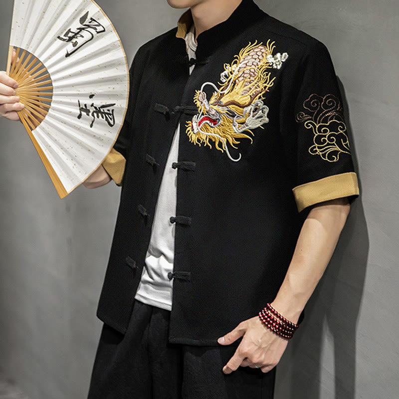 Chemise à manches mi-longues en coton et lin avec broderie de nuages ​​de bon augure et dragon chinois à boutons de grenouille et Buddha Stones - image 1