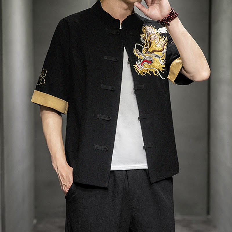 Chemise à manches mi-longues en coton et lin avec broderie de nuages ​​de bon augure et dragon chinois à boutons de grenouille et Buddha Stones - image 3