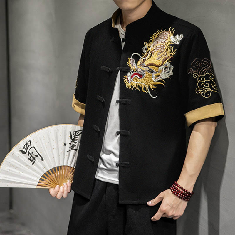 Chemise à manches mi-longues en coton et lin avec broderie de nuages ​​de bon augure et dragon chinois à boutons de grenouille et Buddha Stones - Noir - US/UK/AU44，EU54 (5XL)  - image 0