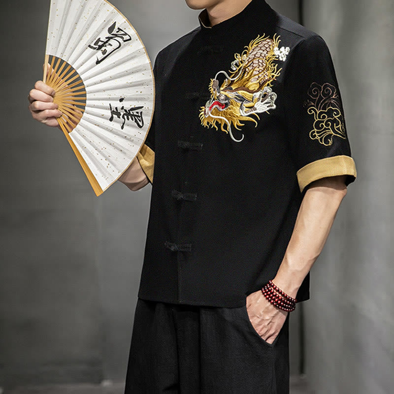 Chemise à manches mi-longues en coton et lin avec broderie de nuages ​​de bon augure et dragon chinois à boutons de grenouille et Buddha Stones - image 4