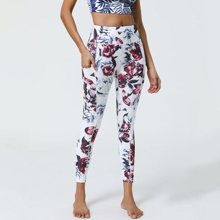 Leggings de sport taille haute avec imprimé léopard et Buddha Stones , pantalons de yoga pour femmes avec poches - Rose blanche rouge - US12，UK/AU16，EU44 (XL) - image 0
