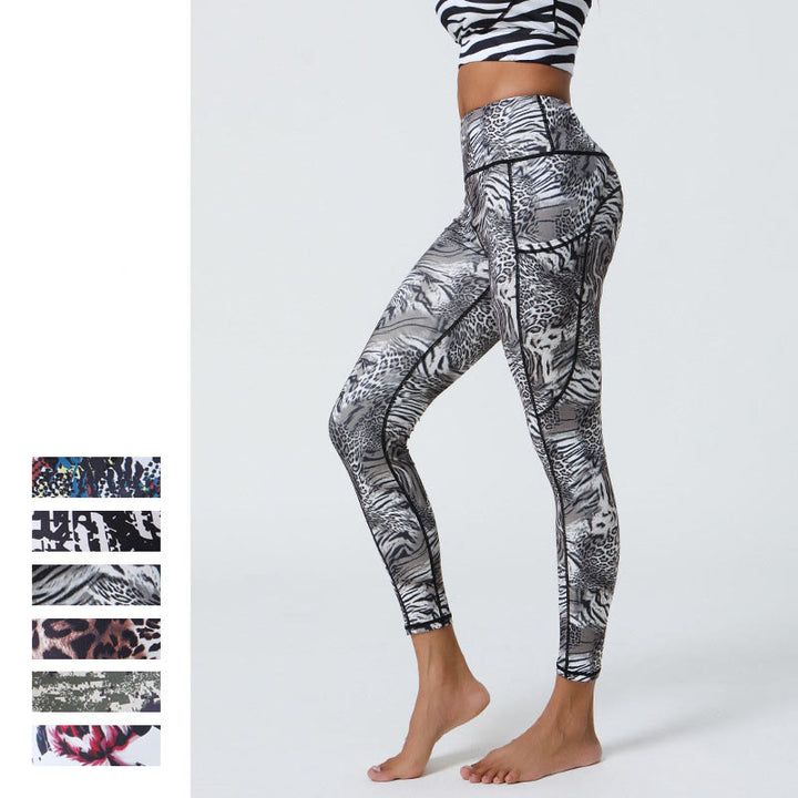 Leggings de sport taille haute avec imprimé léopard et Buddha Stones , pantalons de yoga pour femmes avec poches