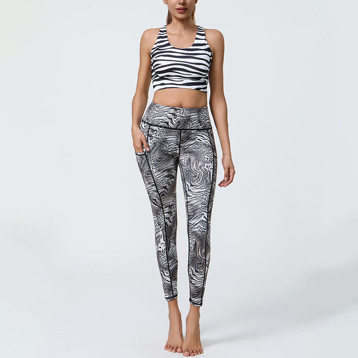 Leggings de sport taille haute avec imprimé léopard et Buddha Stones , pantalons de yoga pour femmes avec poches