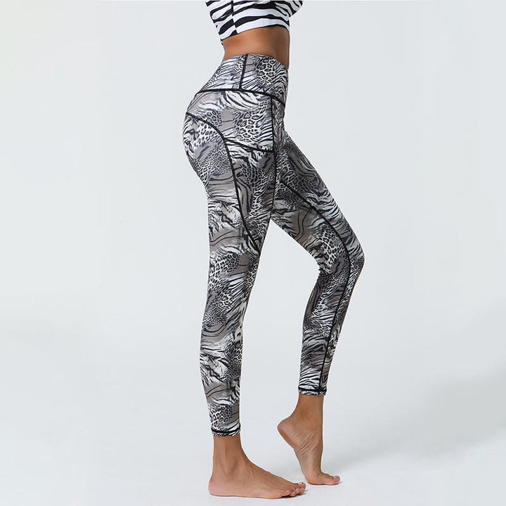 Leggings de sport taille haute avec imprimé léopard et Buddha Stones , pantalons de yoga pour femmes avec poches