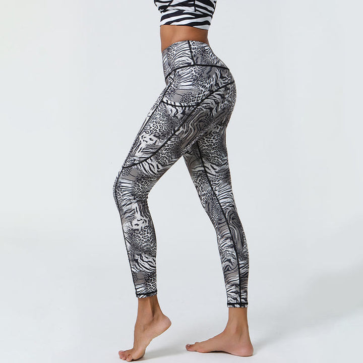 Leggings de sport taille haute avec imprimé léopard et Buddha Stones , pantalons de yoga pour femmes avec poches